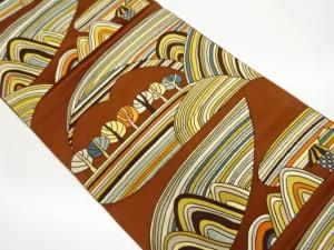 曲線に木・家模様織出し名古屋帯